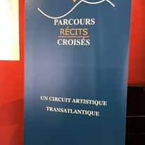 722994110_1298605979093892_8818648592740884515_n Blue vertical banner advertising Parcours Récits Croisés, a transatlantic artistic circuit.