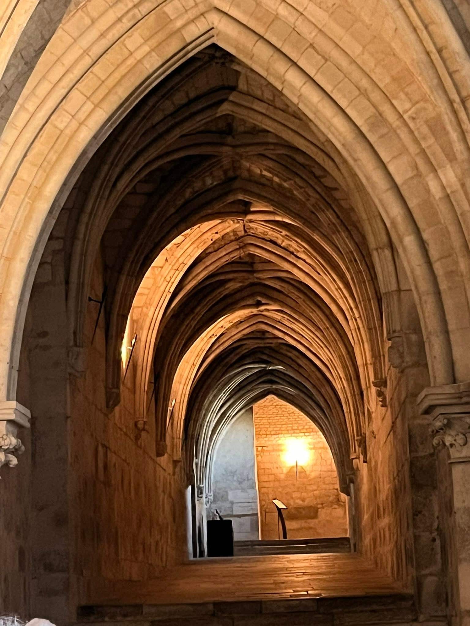 727465408_1305298441757979_2985121697902173102_n Dimly lit stone vaulted corridor with repeating Gothic arches, warm lamp light along the passageways.